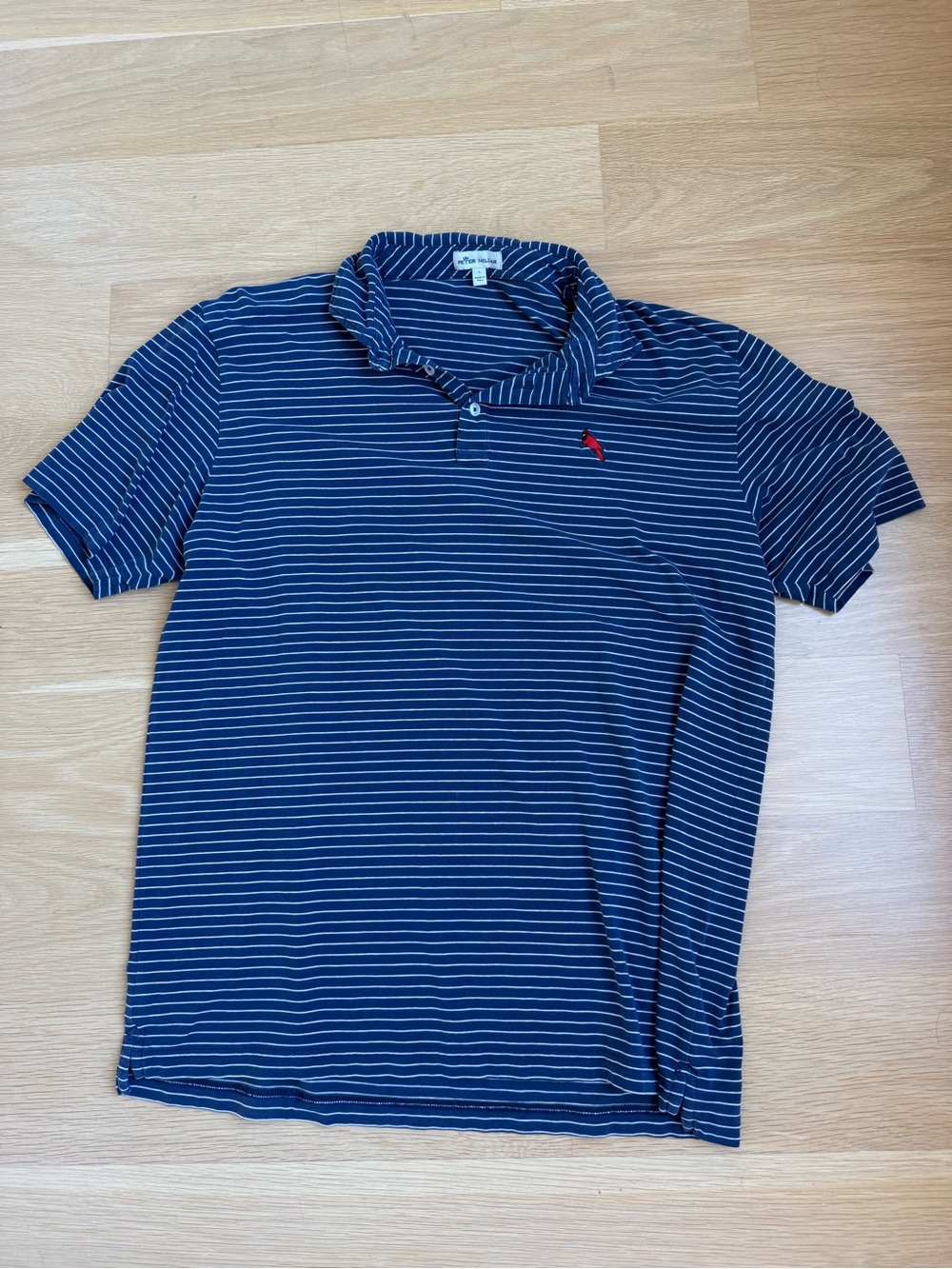 Peter Millar Navy Blue Striped Polo with Red Logo